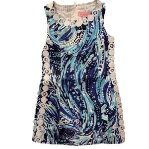 Lilly Pulitzer Girls Dress Size 7 Blue White Sleeveless Circle Trim Shift